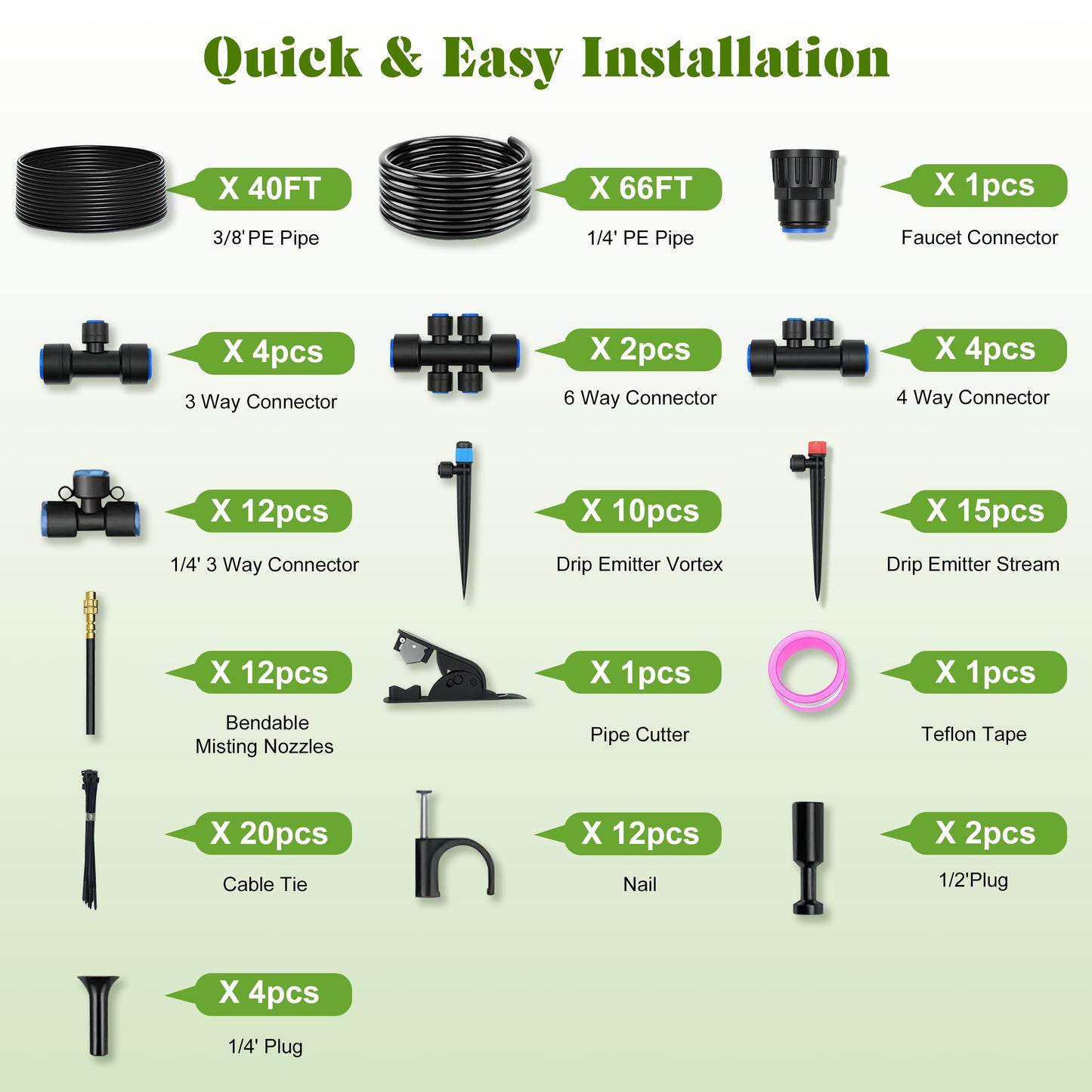 Drip Irrigation Kit for Garden, Automatic Watering System with Quick Connect Fittings, Adjustable Spray Nozzles, Water Saving Irrigation System for Yard, Greenhouse, Lawn & Potted Plants (106FT)