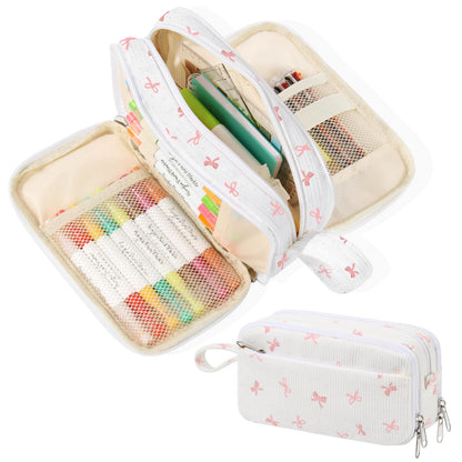 BuyCard Large Capacity Cute Pencil Case, Aesthetic Pen Pouch, White with Pink Bow Pattern Pencil Bag, Kawaii Stationery Storage and Organizer, Supplies for Teen and Adult Girls