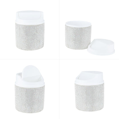 KEYPOWER Bling Rhinestone Mini Plastic Trash Can Cute Small Waste Can with Swing Lid,Suitable for Home Countertop,Car,Table Desk,Office (White)