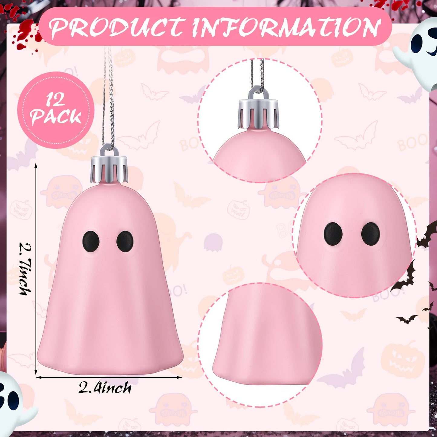 Tigeen 12 Pcs Halloween Hanging Ornaments Cute Ghost Decoration Halloween Tree Decoration Plastic Decorative Mini Ghost Ornaments for Home Tree Party Supplies (Cute,Pink)