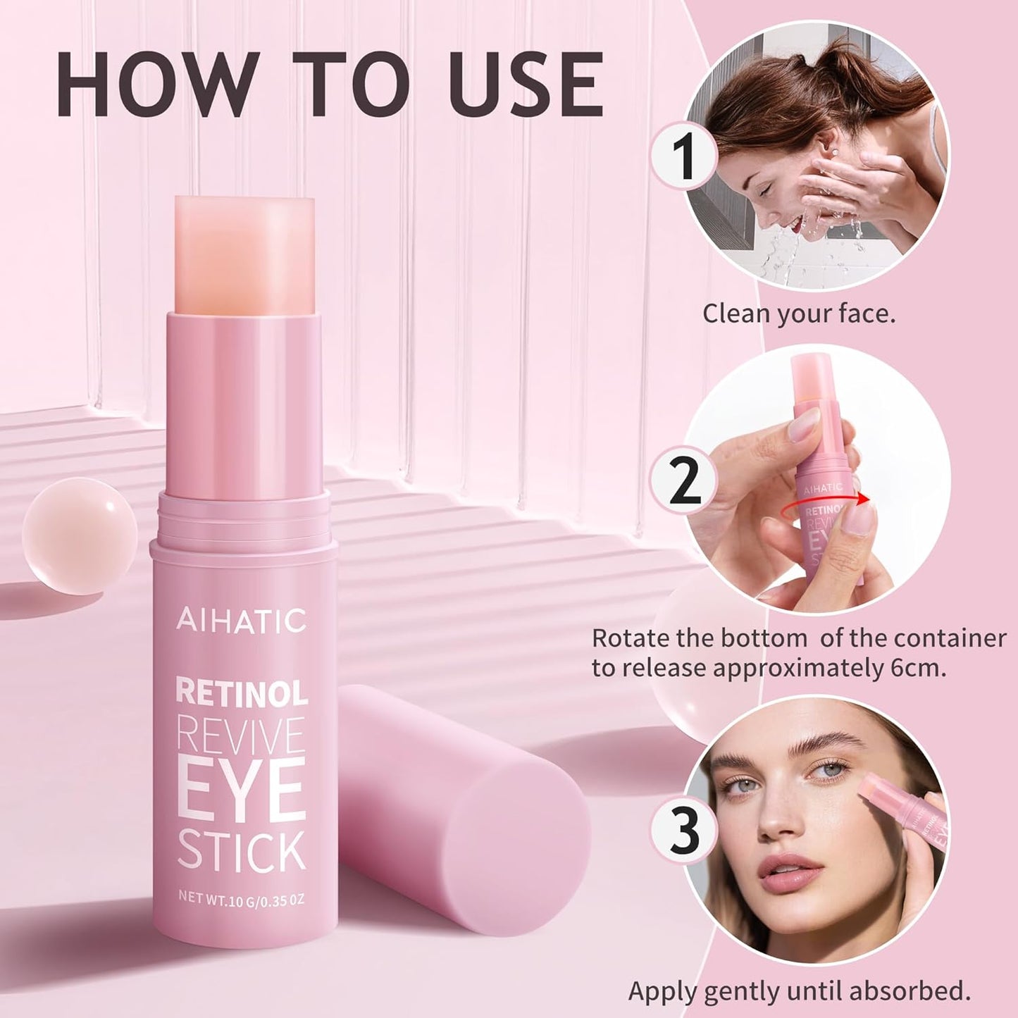 Retinol & Caffeine Eye Balm Stick - Dark Circles Relief & Depuffing Treatment, Hyaluronic Acid + Collagen, Gentle Under Eye Cream for Sensitive Skin, Hydrates & Smooths Fine Lines, 0.35oz/10g