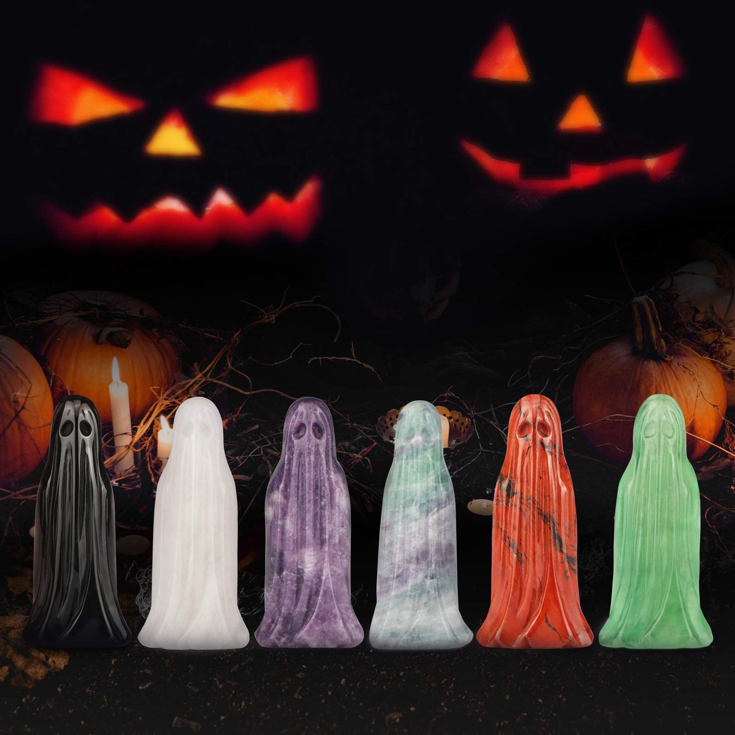 Artistone 3.0" White Jade Crystal Halloween Ghost Statue, Hand Carved Gemstone Ghost Figurine Healing Stone Sculpture for Carnival Party, Home, Office Decor