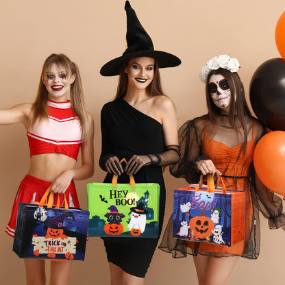 Sweetude 12 Pcs Large Halloween Tote Gift Bags with Handles Bulk Halloween Trick or Treat Bags Non-woven Reusable Pumpkin Ghost Bat Monster Tote 13inch for Gifts Wrapping Party Favor Supply