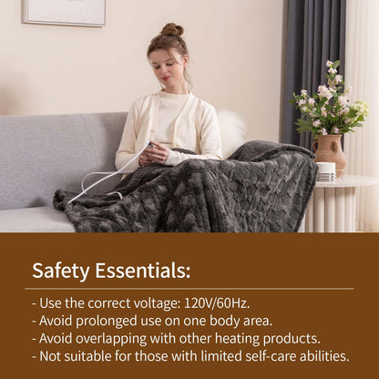 Bearhug Electric Blanket King Size 100" x 90", Dual Controller Heated Blanket, White Flower Patterns Faux Fur & Warm Sherpa, 10-Heat Levels & 1-12H Auto Off,ETL, Machine Washable