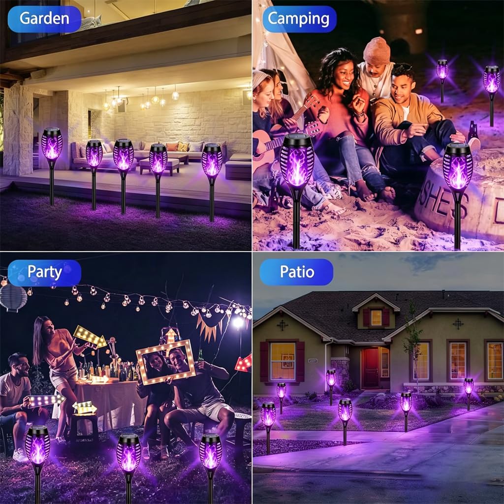 HSKMNFCQF 4 Pack Solar Flame Lights Outdoor, Flickering Flame Torch Lights, IP65 Waterproof Solar Powered Garden Lights for Patio Lawn Yard Pathway Decor (Purple)