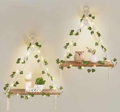 Mkono sSet of 4, 2 Packs Artificial Ivy Macrame Hanging Shelves with Lights, and 2 Packs Fake Hanging Plant with Pot
