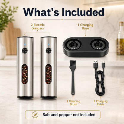 TeSabMi Electric Salt and Pepper Grinder Set, Rechargeable with USB C Charging Base, 110ml Large Capacity, 5-Level Adjustable Coarseness, Stainless Steel, LED Light, Automatic