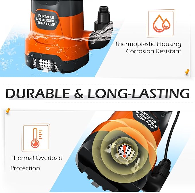 Sump Pump 1HP Clean/Dirty Submersible Water Draining Pump 4500GPH Electric Portable Water Transfer Pumps for Pool Basement Garden Spa Hot Tubs Pond Flood Yard, Orange