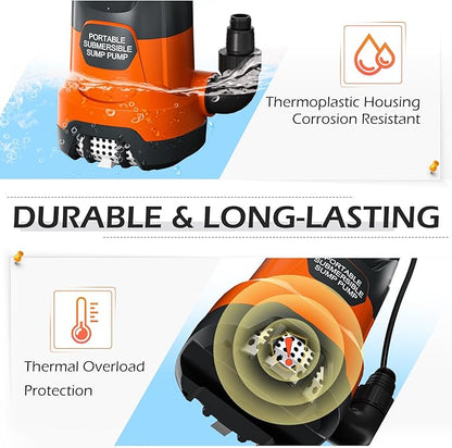 Sump Pump with Float 1HP Clean/Dirty Submersible Water Pump Electric 4500GPH for Pool Draining Spa Hot Tubs Ponds, Orange