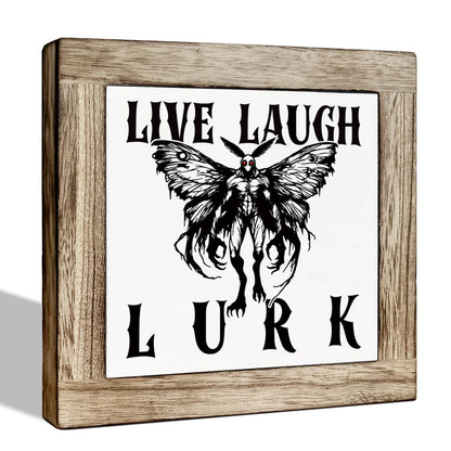 Halloween Wooden Sign, Mothman Square Wood Block Sign Table Decor, Horror Style Office Desk Signs, Rustic Wooden Table Top Decor, Freestanding Home Decoration 5.9x5.9 Inches