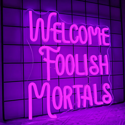 Ajoyferris Halloween Welcome Foolish Mortals Neon Sign Dimmable Gothic Haunted Mansion Led Neon Signs for Wall Decor Spooky Neon Lights for Haunted House Halloween Party Decor