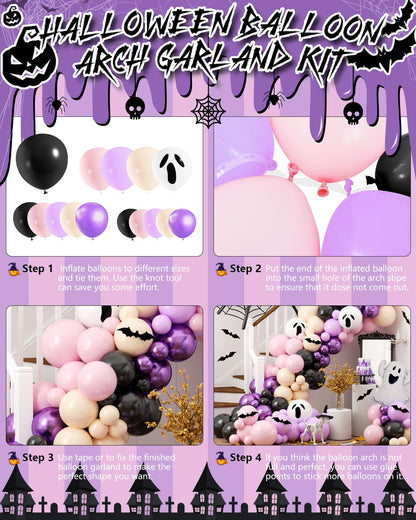 Halloween Balloon Arch Kit, OTLGEUA 127Pcs Pink Halloween Party Decorations Include Black Pink White Purple Balloons Garland, Spider Web, Bats, Ghost Foil Balloon