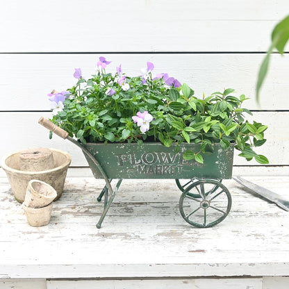 Z² BellaDecor 15 Inch Farmhouse Small Flower Cart with Wooden Handles Metal Wagon Planters for Outdoor Plants Decorative Wheelbarrow Plant Cart for Patio Garden Balcony Green