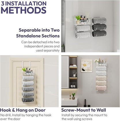 SWTYMIKI Hanging Towel Racks for Bathroom - 6 Tier Over The Door & Wall Mounted Bath Rolled Towel Storage Organizer Holder for Small Bathroom, RV, Camper, White (Patented)