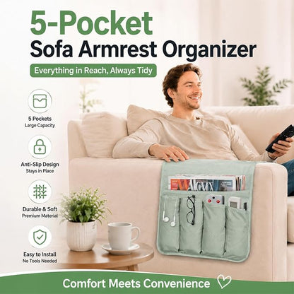 Armchair Caddy for Recliner, Couch Caddy Storage Organizer with 5 Pockets, Non Slip Sofa Arm Organizer for Remote Controls, Phone, Magazines, Tablet (Sage Green)