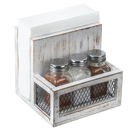 FARM IN Napkin Holder, Farmhouse Multifunctional Napkin Holder with Salt and Pepper Shakers Holder for Home and Commercial Use, Rustic Solid White Washed Wood & Diamond Metal Wire Mesh
