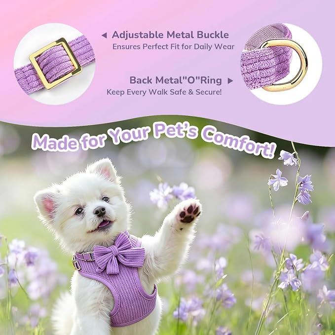 Small Dog Collar Harness and Leash Set with Bowtie, Adjustable Dog Harness Collar and Leash Set with Secure Metal Buckle, Breathable Cotton Adjustable Pet Puppy Harness, Easy Walk Harness, M(16-21")