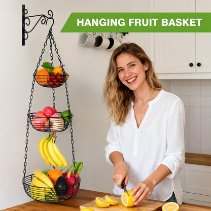 HULISEN 3 Tier Hanging Fruit Basket with Banana Hook, 36-Inch Heavy-Duty Wire Hanging Baskets for Kitchen Storage, Vegetable Produce Organizer (Including Installation Bracket)