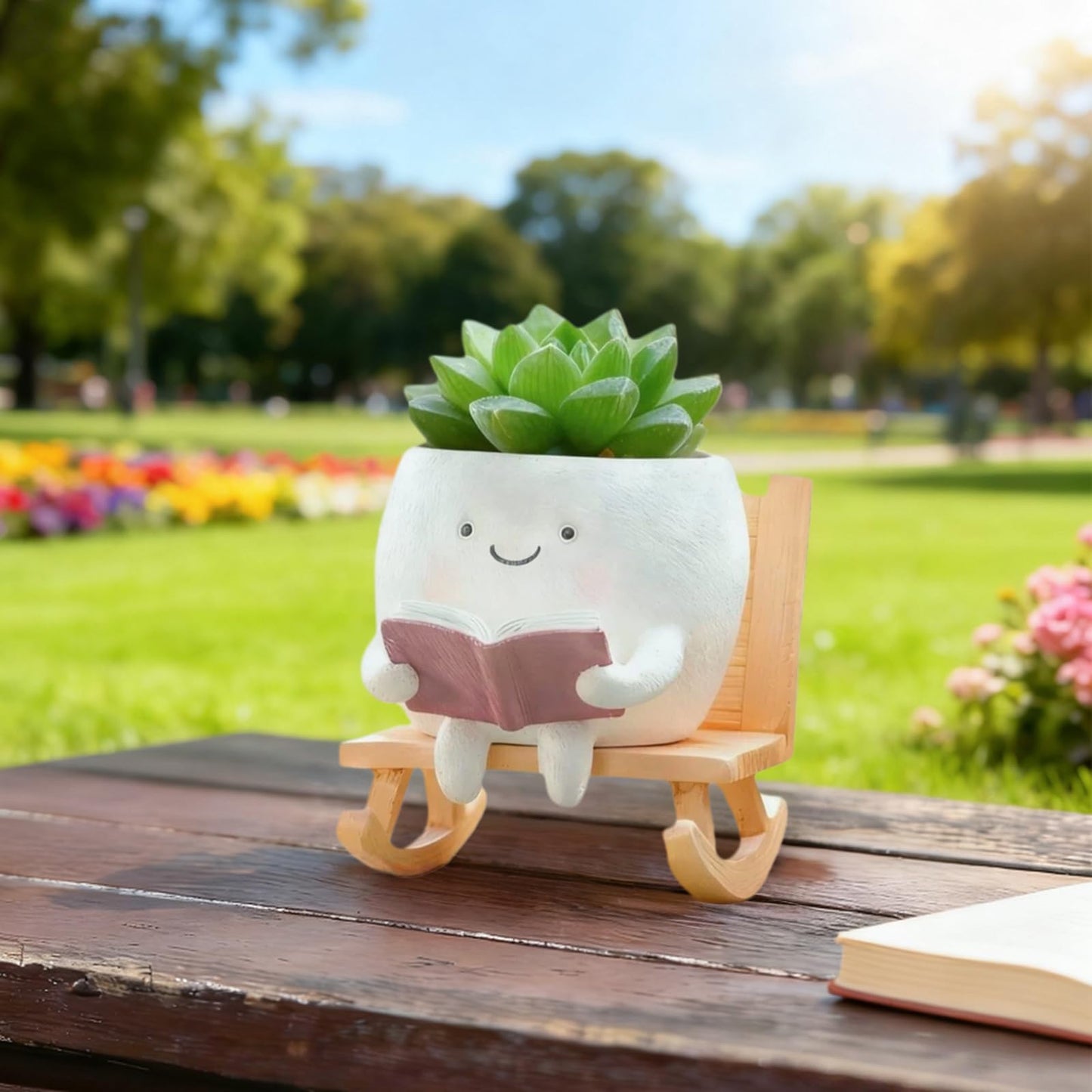 Yhupl Adorable Smiley Face Reading Flower Pot, Unique Rocking Chair-Style Resin Plant Pot with Drainage Holes, Suitable for Indoor/Outdoor Planting and Home Decor (A)