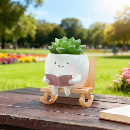 Yhupl Adorable Smiley Face Reading Flower Pot, Unique Rocking Chair-Style Resin Plant Pot with Drainage Holes, Suitable for Indoor/Outdoor Planting and Home Decor (A)