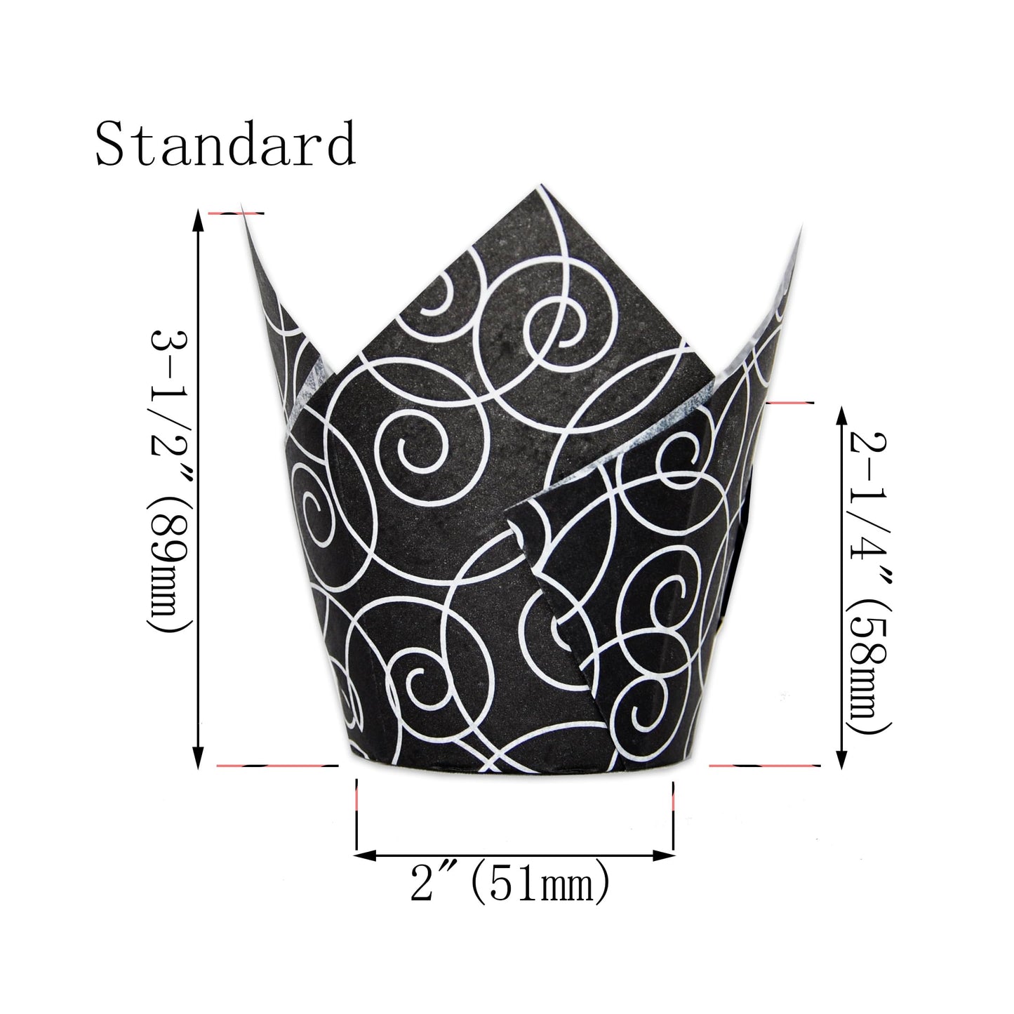 QLSmypkg Muffin Greaseproof paper Baking cupcake cups, 2"(Bottom diameter) x 3-1/2"(Height) Black Fancy Floral Print Tulip Baking Cup Case of 125 pcs (125, Standard)