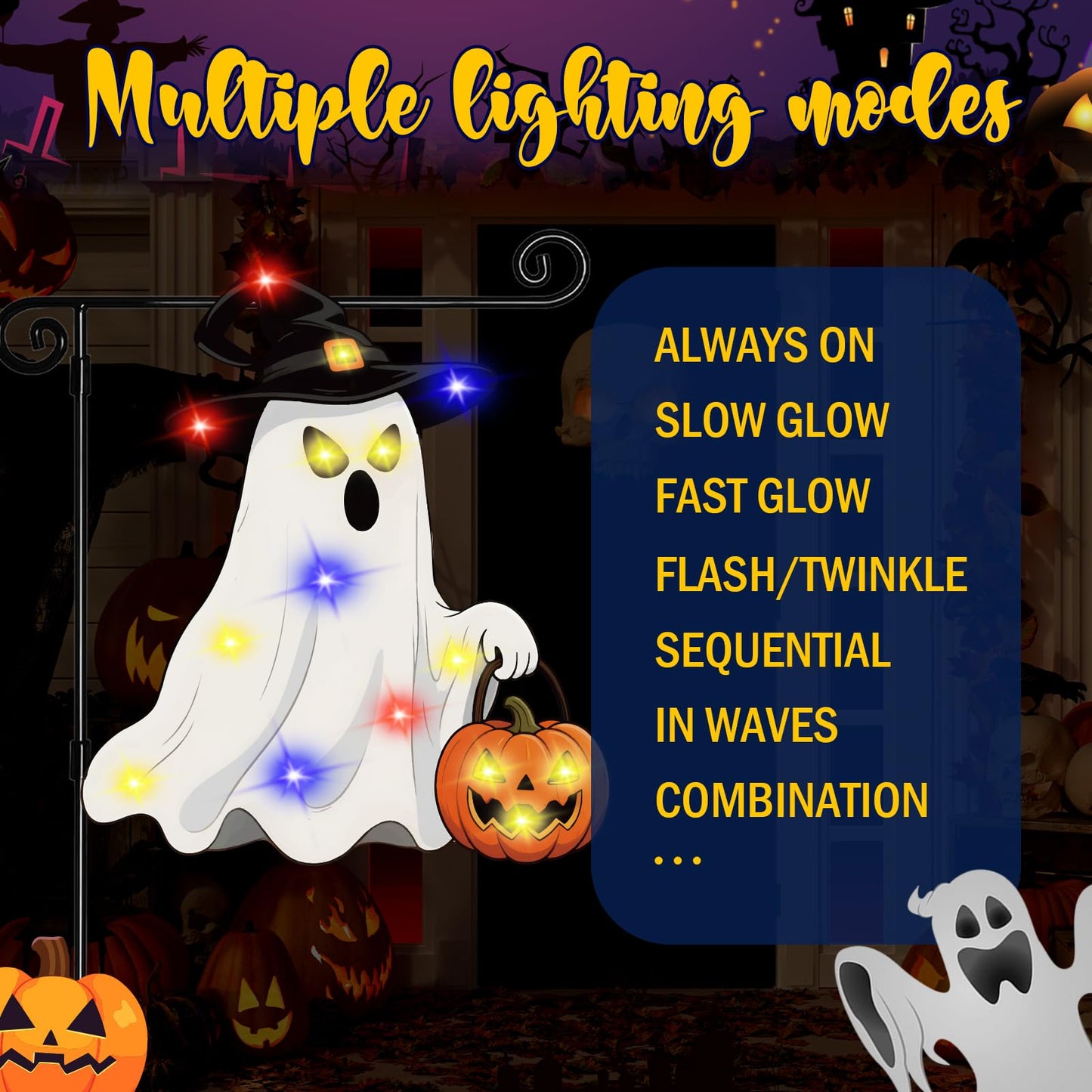 GOAUS Halloween Garden Flag Solar Lighted, Witch Ghost Decorations Outdoor, Double Sided Oxford Decorative Flag for Lawn Yard Outside Decor, 12x18 Inches