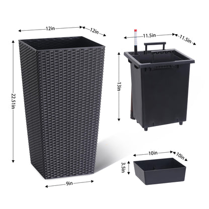 GarveeLife 22.5 in Tall Planter Set of 2 Large Rattan Flower Pot with 2 Trays & a Water Level Monitor & Wheels Outdoor and Indoor for Patio, Porch, Living Room, or Home Office, Black