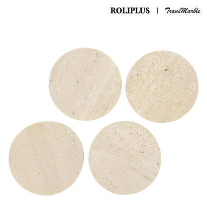 Natural Elegant Set of 4 Round Travertine Stone Coasters with Cork Backing - Absorbent Drink Coasters for Home and Office