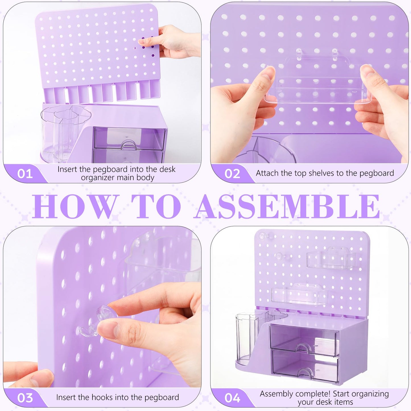 Novabright Desk Organizer with Drawers, Rotating Pen Holder with 5 Slots & Pegboard, Back to School & First Day of School Gifts, Multifunctional Desktop Storage for Desk Home Office Supplies(Purple)