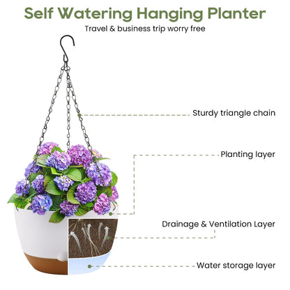 Dovesail 8.3 Inch Hanging Planter, 3 Pack Hanging Plastic Plant Self Watering Pot with Drainage Holes and Saucers, Hanging Baskets Flower Pots for Indoor Outdoor Garden Plants and Flowers-White