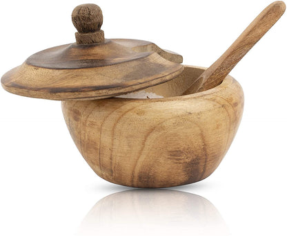 Decorative Rustic Wooden Sugar Bowl & Spoon With Lid Wide Mouth Candy Treat Jar Spice Jar Holder Condiment Nuts Serving Bowl Pot Salt Spice Herb Loose Leaf Tea Storage Container Novelty Home & Kitchen