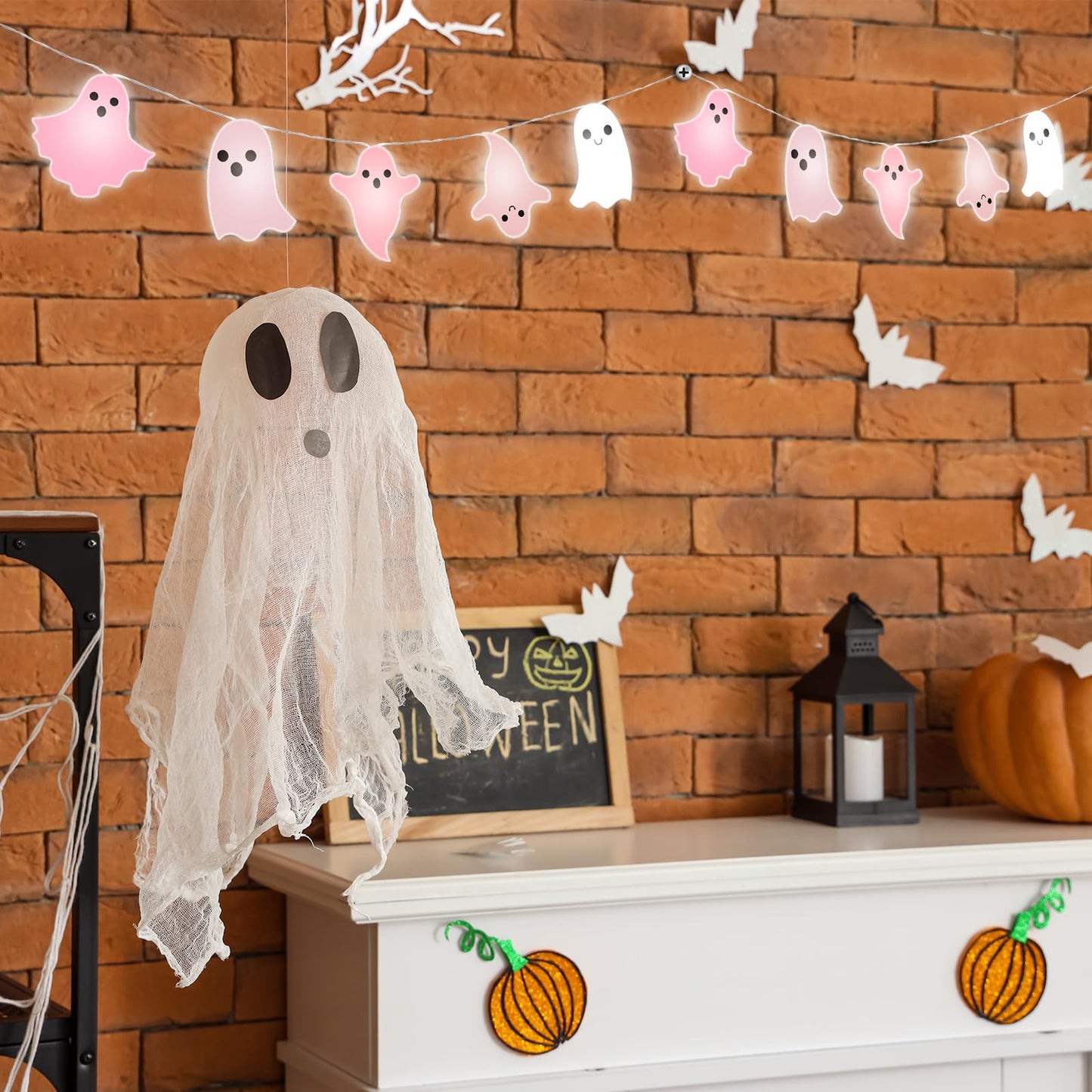 Ganeen Halloween Pink Ghost Decorations Halloween Pink Ghost String Lights 10 ft 20 LED Hanging LED Lights Battery Operated for Home Party Indoor Outdoor Cute Decor