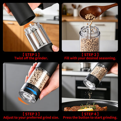 Electric Salt and Pepper Grinder Set - Rechargeable Automatic Salt and Pepper Shakers, External Adjustable Coarseness, LED Light, USB Rechargeable,Home Gifts, Black (Set of 2)