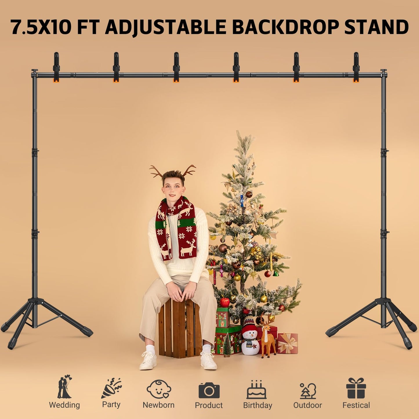 3-in-1 Adjustable Backdrop Stand 10 x 7.5 FT, Portable Photography Background Stand Kit with Carrying Bag, 6 Clamps & 2 Sandbags for Studio, Party, Video, Banner Display
