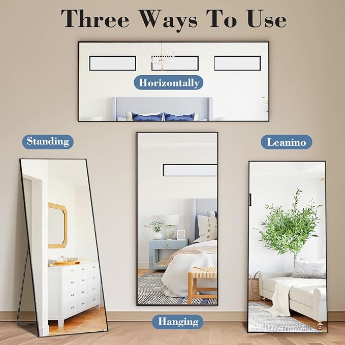 NEWBULIG Mirror Full Length, 56"x21" Body Wall Mirrors with Shatter-Proof Glass, Upgraded Floor Standing Mirror, Hanging or Leaning, with Stand Aluminum Alloy Frame for Home Decor, Bedroom, Black