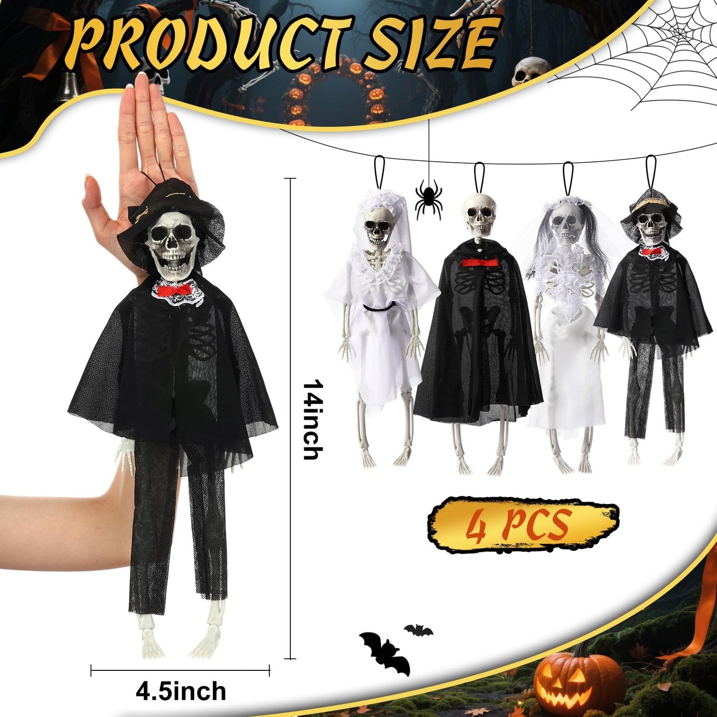 Poen 4 Pack 16" Halloween Hanging Skeleton Decorations Small Full Body Posable Skeletons with Movable Joints Plastic Mini Spooky Decor for Halloween Party Haunted House Lawn Graveyard Props(Wedding)