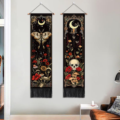 ARTCREATOR Pack of 2 Witchy Gothic Wall Bedroom Decor Moth Moon Tapestry Skull Mushroom Vertical Tapestries Retro Floral Flowers Tapestries for Bedroom Aesthetic Alt Room (12.8 x 51.2 inches)