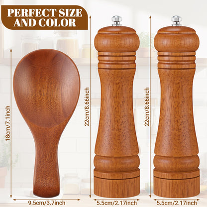 Patelai 3 Pcs Kitchen Counter Set Oak Wood Salt Pepper Grinder with Bamboo Spoon Rest Holder Modern Farmhouse Rustic Accessories for Kitchen Cooking Serving Dining BBQ Table Countertop Decoration