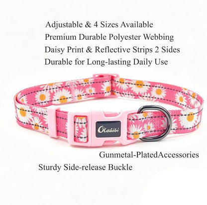 Dog Collar Leash Set, Floral Pattern, with Safety Reflective Strips, 5 ft Matching Leash, Neoprene Padded Handle, Adjustable 4 Sizes for Small Medium Large Dogs.(M, Pink Daisy)
