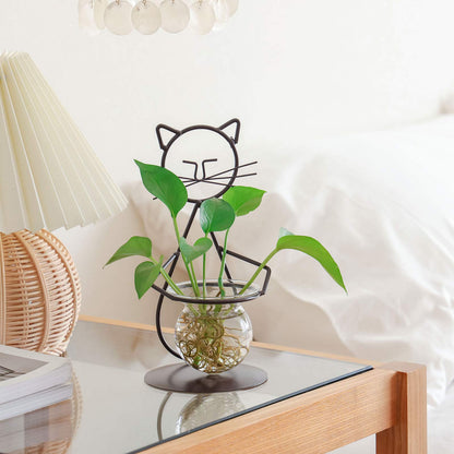 Marbrasse Desktop Glass Planter Vase Holder, Modern Creative Cat Plant Terrarium Metal Stand for Hydroponics Plants Home Garden Wedding Decoration Outdoor Planter Ideas (Style 2)