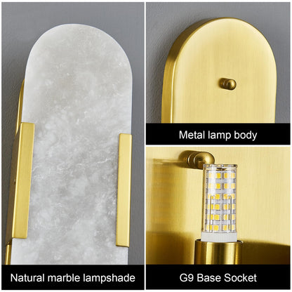 PNJXSRJH Natural Alabaster Wall Sconces, Modern Marble Gold Wall Sconce 14 inch Indoor Wall Lighting for Bedroom Bathroom Living Room Stairs (1-Pack)