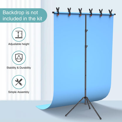 Womnwomn T-Shape Backdrop Stand 8x5.3FT, Height and Width Adjustable Background Stand for Parties,Green Screen Holder with 6 Spring Clamps