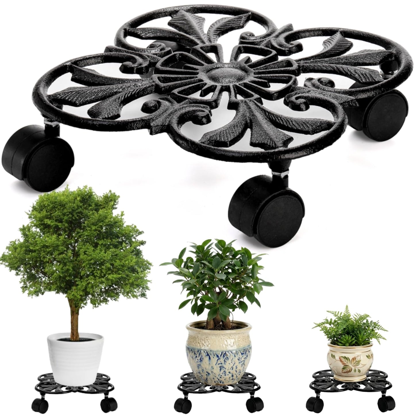 Goaste Cast Iron Plant Caddy, 11" Heavy Duty Plant Stand, Rustic Plant Trolley with 4 Rolling Wheels, Round Planter Holder for Outdoor Indoor, Large Plant Flower Pots, Load Capacity 330 Lbs (Black)