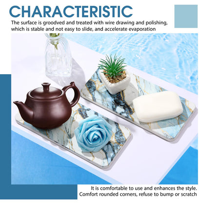 Photect 2Pcs Water Absorbent Diatomite Coasters 8.6x4'' Diatomaceous Earth Drying Ma, Grooved Design Water Absorbing Stone for Home Bathroom Decoration Home Warming Gift(Blue,Marble Style)