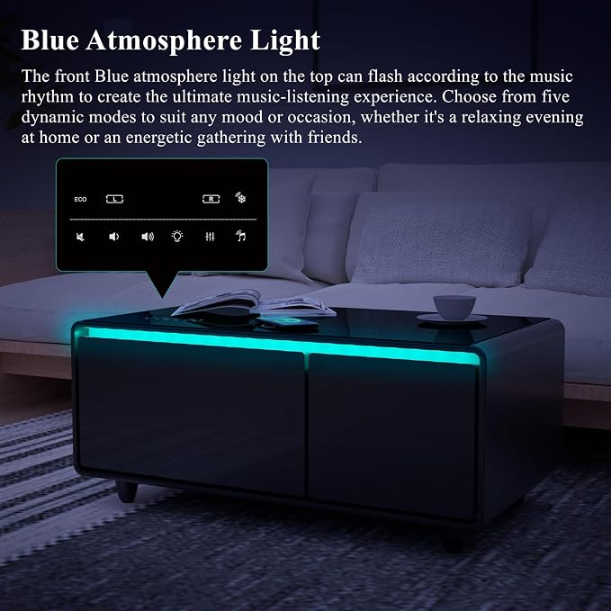 Smart Coffee Table with Fridge and Bluetooth, Smart Living Room Table with Frozen Drawers, Dual Speakers, 15W Wireless Charger, Touch Control, USB Ports, Atmosphere Light, LT90 Ultra-Black