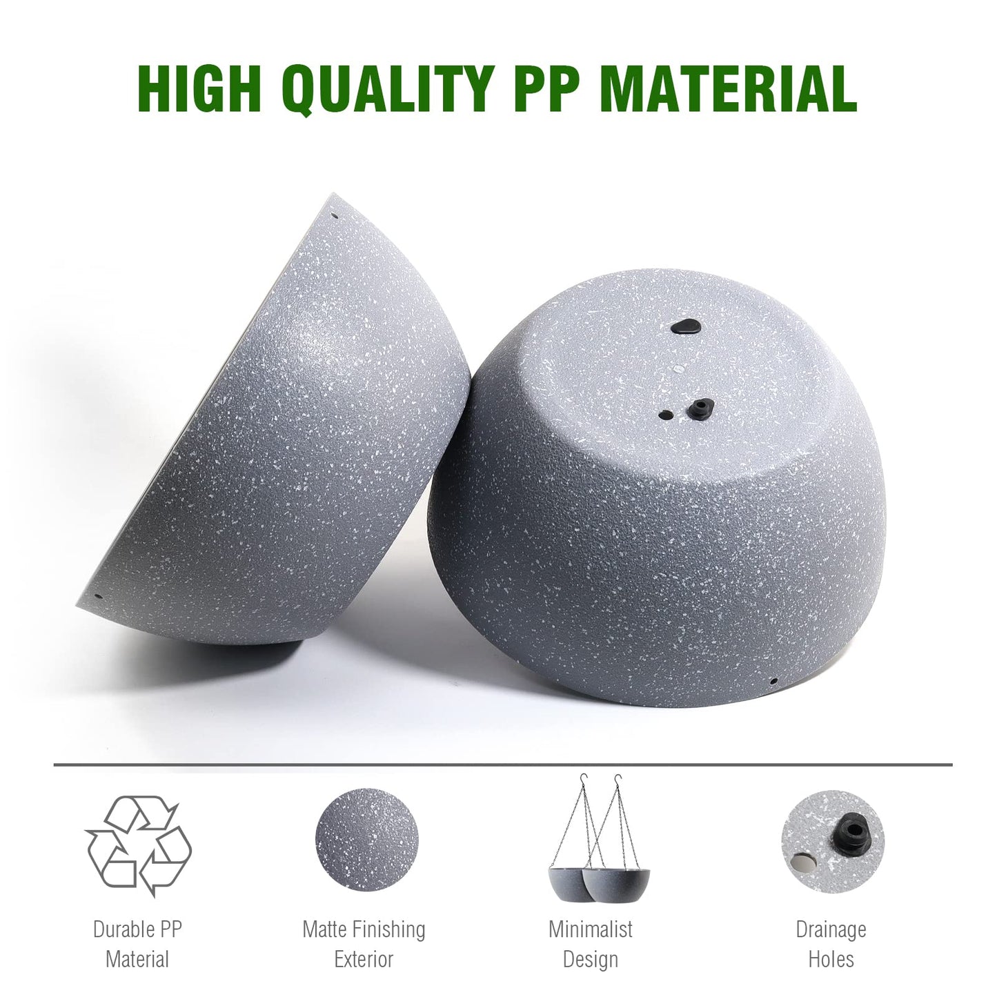 WOUSIWER 13 inch 2 Pack Large Hanging Planters for Indoor Outdoor Plants with Drainage Holes and Chain, Round Hanging Flower Pots for Garden Home Porch Decor, Grey Speckles