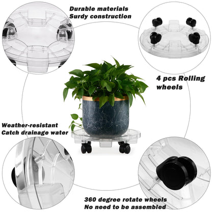 KvyusFlourish 4 Packs 13 Inches Large Clear Plant Caddy Plant Saucers on Wheels Rolling Plant Stands Heavy-duty Plant Dolly Plastic Planter Roller Base Pot Movers Outdoor Plant Tray Coaster
