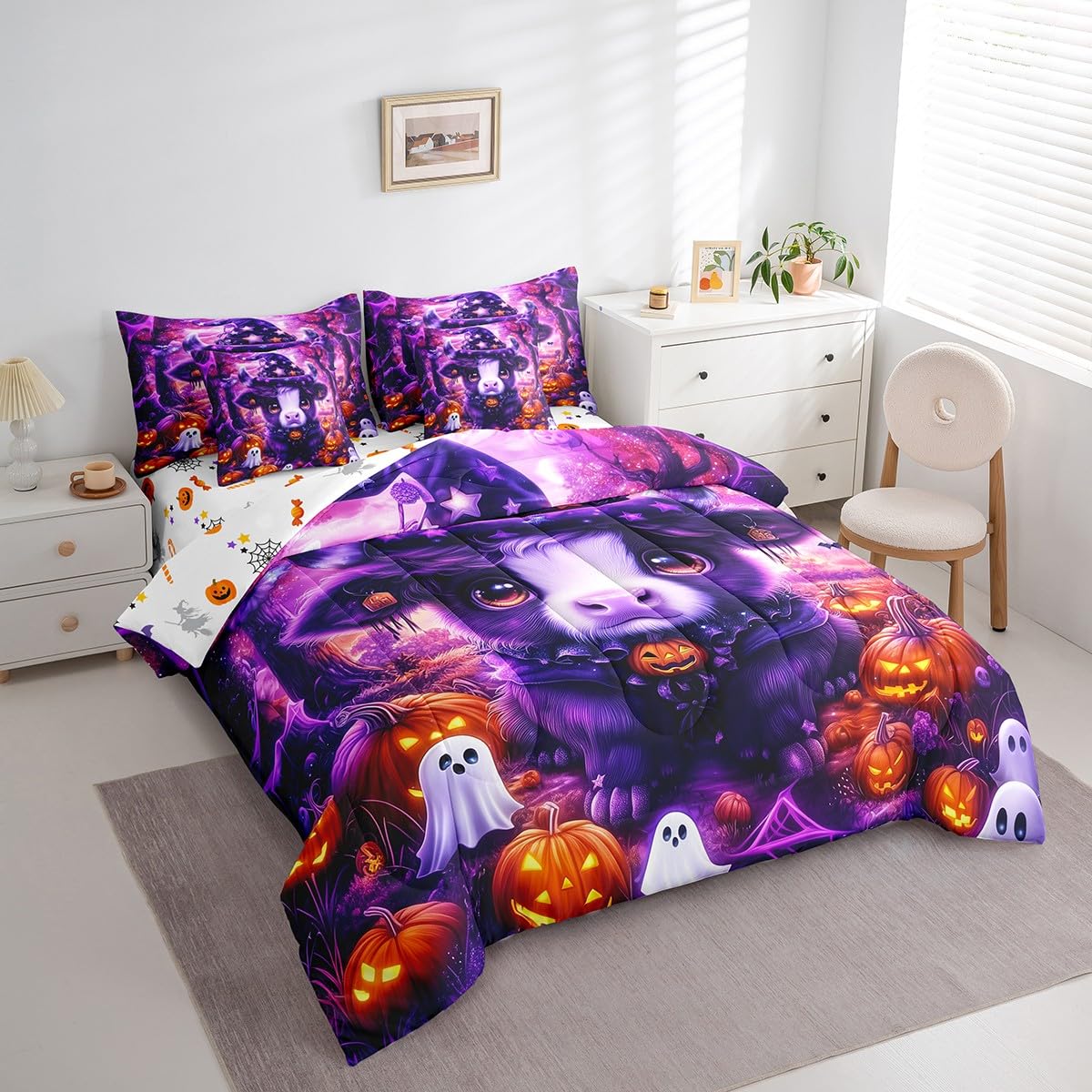 Erosebridal Halloween Highland Cattle Twin Comforter Set 7 Piece for Kids Boys Girls Pumpkin Lantern White Ghost Bed in A Bag with Sheetscartoon Gothic Bedding Set Purple Goth Bed Set