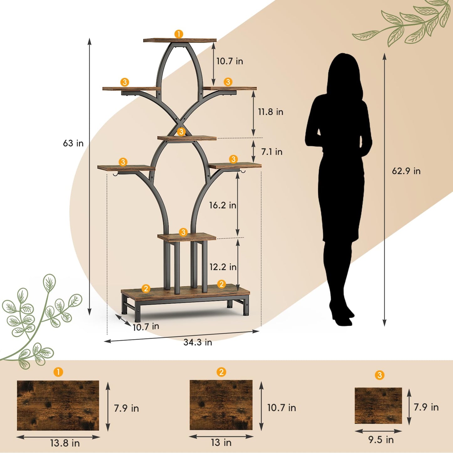 NEHAJUNXI Plant Stand Indoor with 4 Grow Lights - 63" Tall Plant Shelf- 8 Tiered Corner Plant Flower Stands Display Shelves for Home, Patio (Brown)
