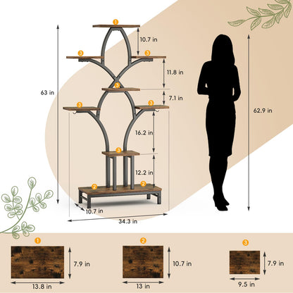 NEHAJUNXI Plant Stand Indoor with 4 Grow Lights - 63" Tall Plant Shelf- 8 Tiered Corner Plant Flower Stands Display Shelves for Home, Patio (Brown)